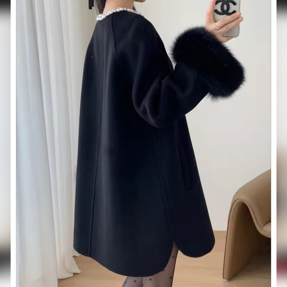 Wool Woolen Coat Real Fox Fur Cuff Coat Winter Jacket Natural Fox Fur - Picture 4 of 8